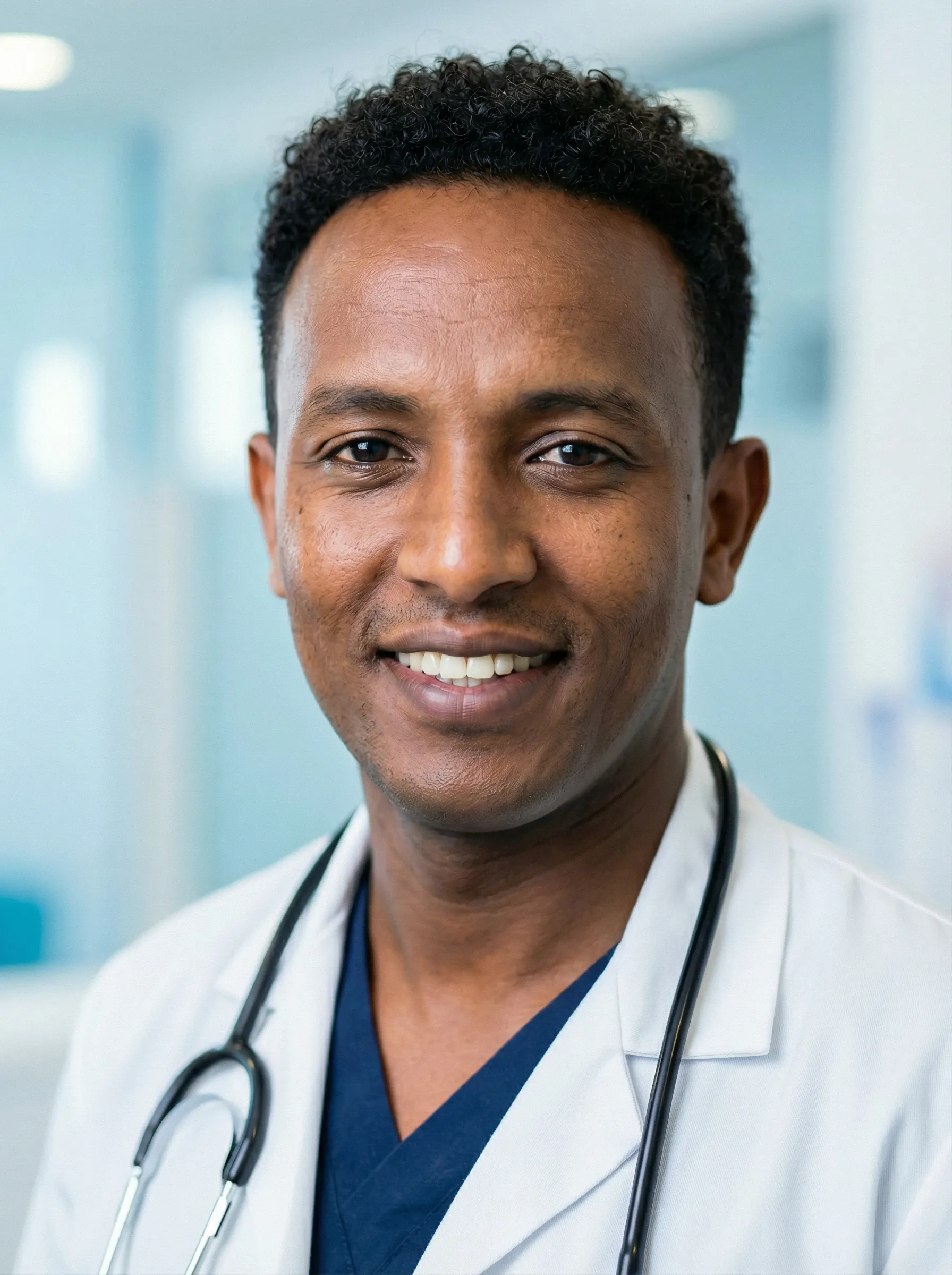 AI clinician headshot — man in a white lab coat over navy scrubs with a stethoscope in a medical office